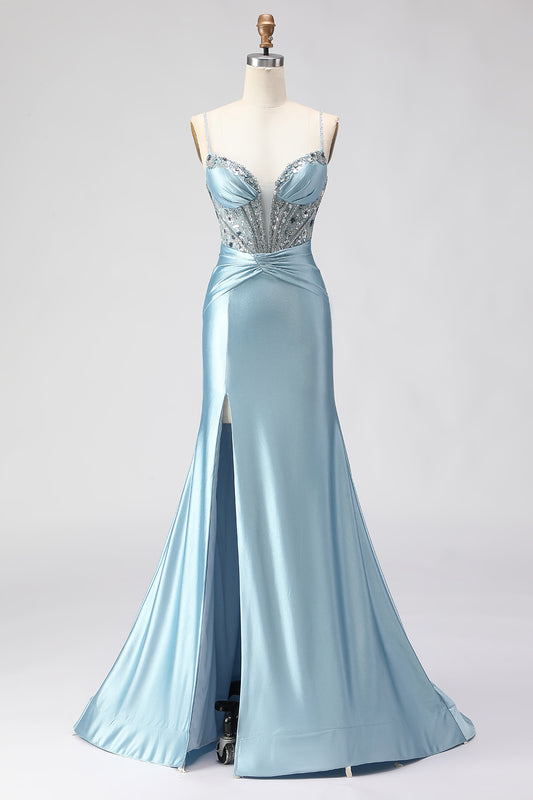 Sparkly Dusty Blue Satin Beaded Long Corset Prom Dress with Slit