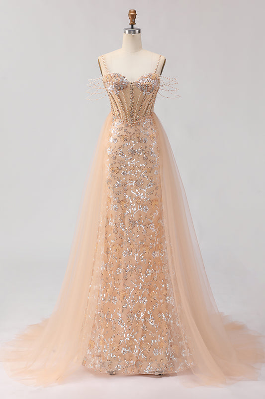 Sparkly Floral Champagne Tulle Beaded Long Corset Prom Dress