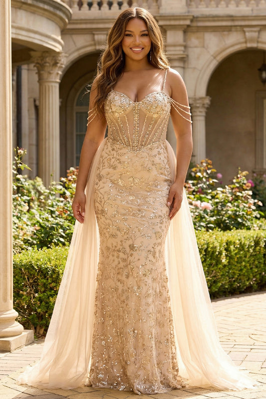 Plus Size Sparkly Floral Champagne Tulle Beaded Long Corset Prom Dress