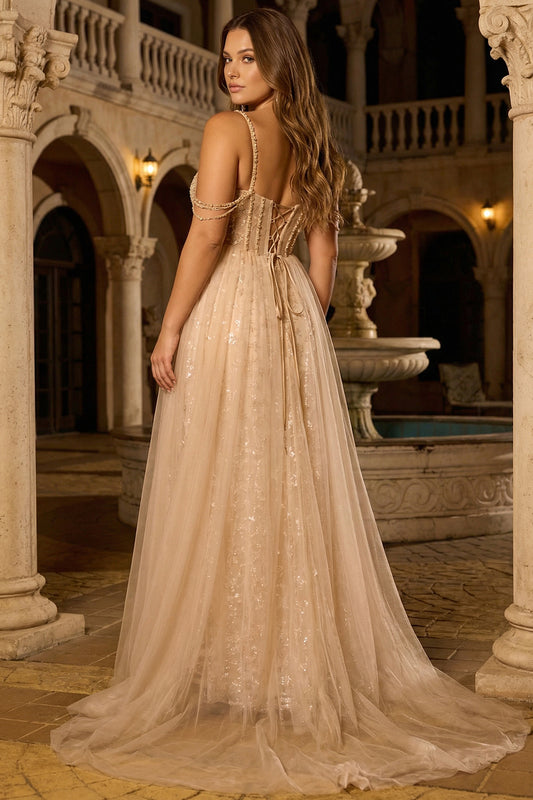 Plus Size Sparkly Floral Champagne Tulle Beaded Long Corset Prom Dress