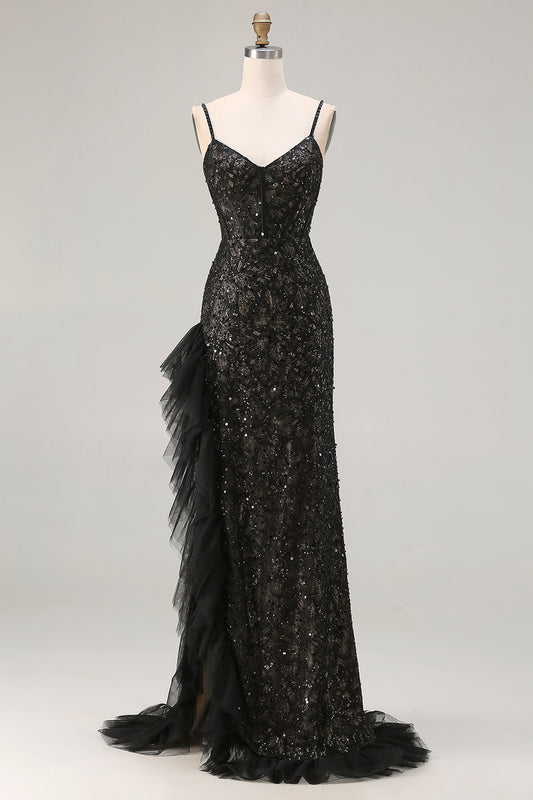 Sparkly Black Mermaid Beaded Long Corset Prom Dress with Ruffles