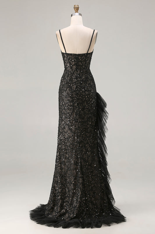 Sparkly Black Mermaid Beaded Long Corset Prom Dress with Ruffles