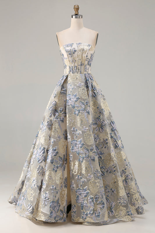 Floral Dusty Blue A Line Strapless Long Corset Prom Dress with Slit