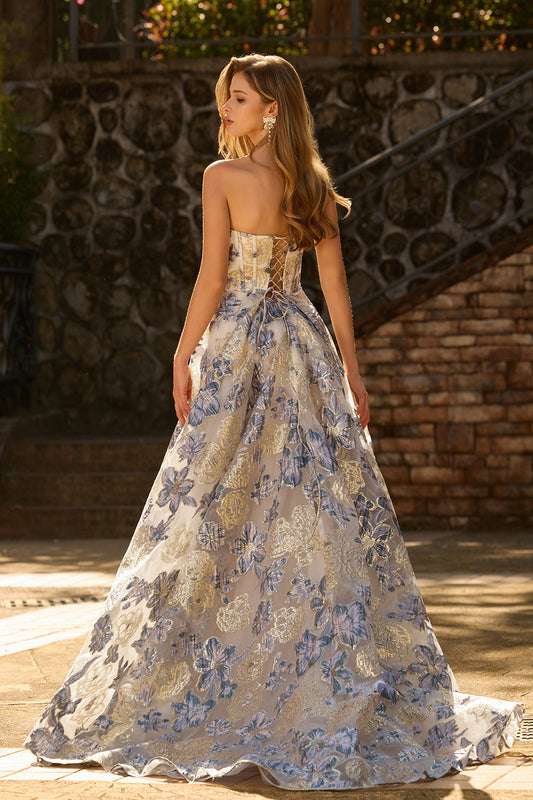 Sparkly Floral Dusty Blue Strapless Long Corset Prom Dress with Slit