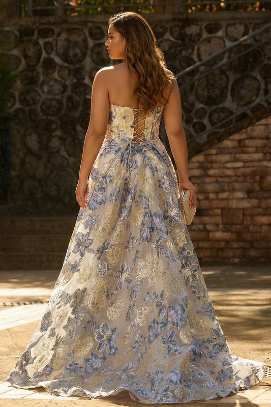 Plus Size Sparkly Floral Dusty Blue Strapless Long Corset Prom Dress with Slit