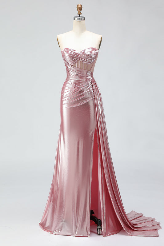 Sparkly Pink Mermaid Strapless Long Corset Prom Dress with Slit