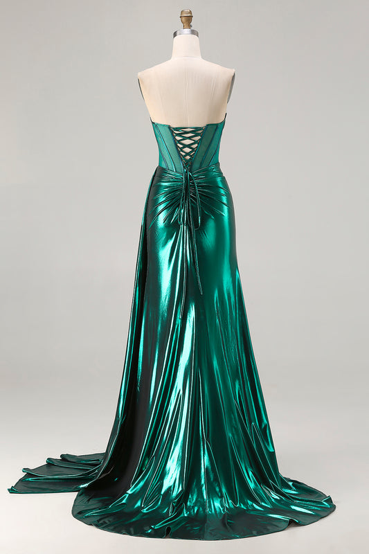 Sparkly Dark Green Mermaid Ruched Long Corset Prom Dress with Slit