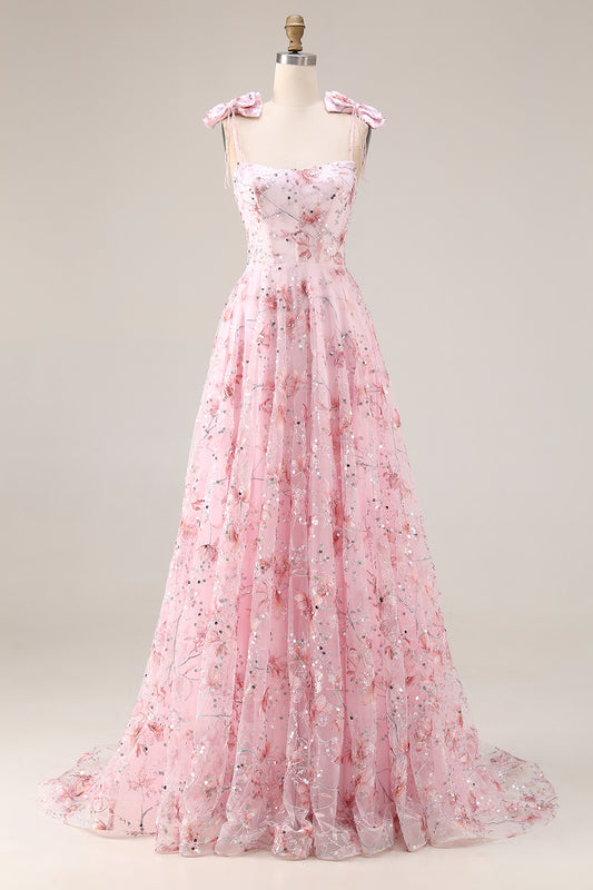 Sparkly Pink Floral Spaghetti Straps Sequin Long Prom Dress with Bows