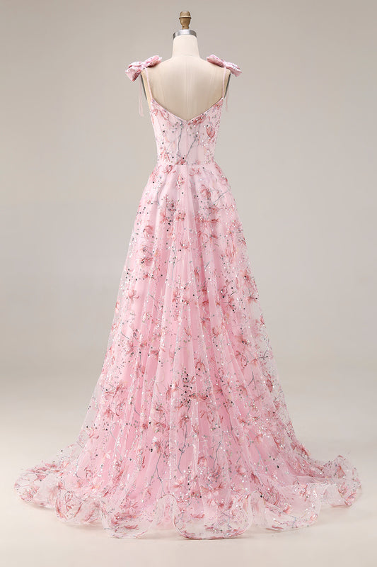 Sparkly Pink Floral Spaghetti Straps Sequin Long Prom Dress with Bows