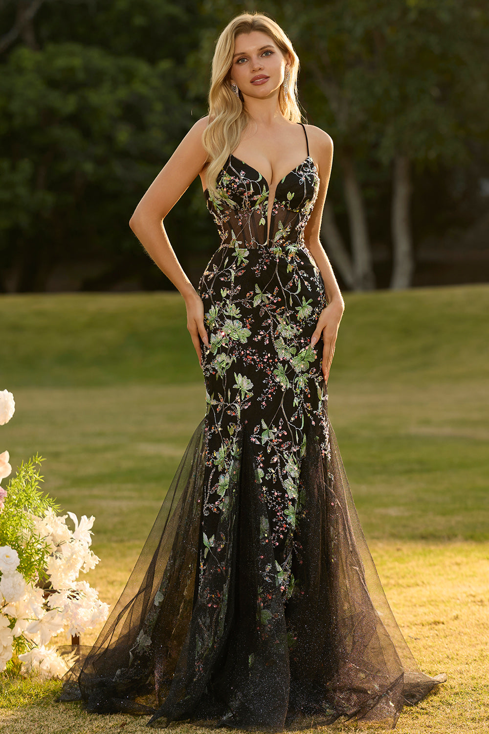 Zapakasa Women Sparkly Floral Black Long Corset Prom Dress Mermaid Beaded Spaghetti Straps Lace Up Back Pageant Dress