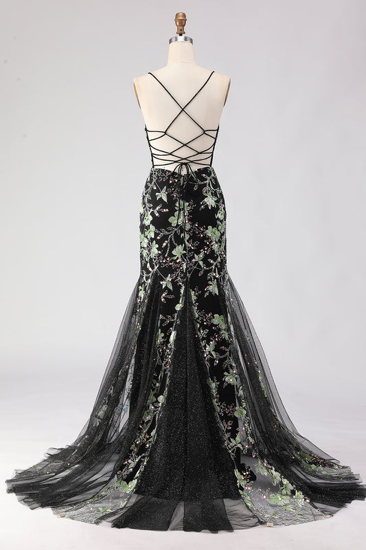 Sparkly Floral Black Beaded Spaghetti Straps Long Corset Prom Dress