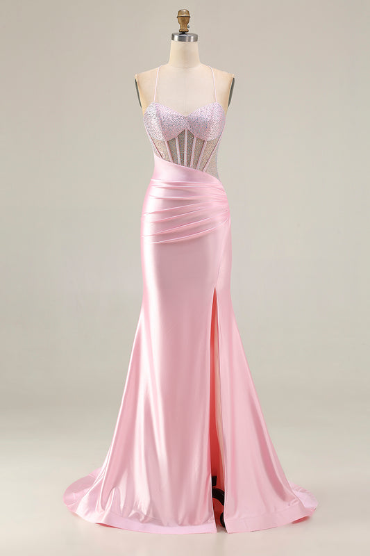 Sparkly Pink Corset Mermaid Long Prom Dress with Slit