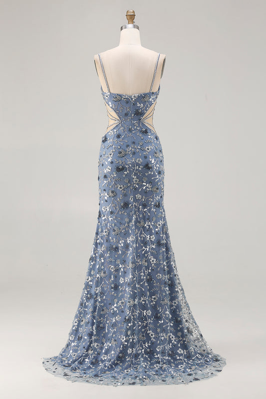 Sparkly Dusty Blue Floral Cut Out Beaded Long Prom Dress with Slit