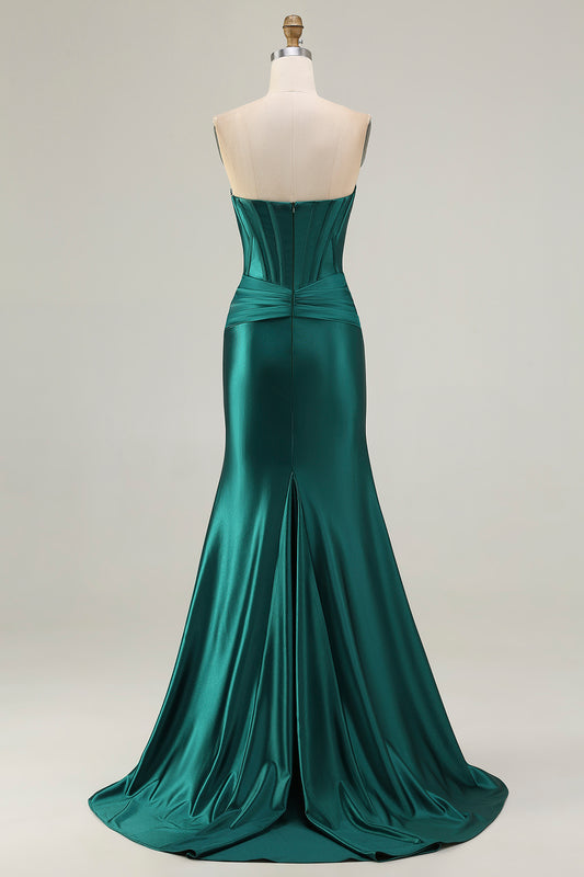 Dark Green Mermaid Strapless Corset Long Prom Dress