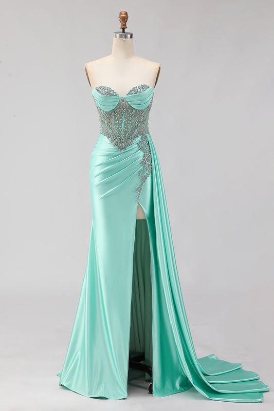 Sparkly Mint Green Beaded Mermaid Long Corset Prom Dress with Slit