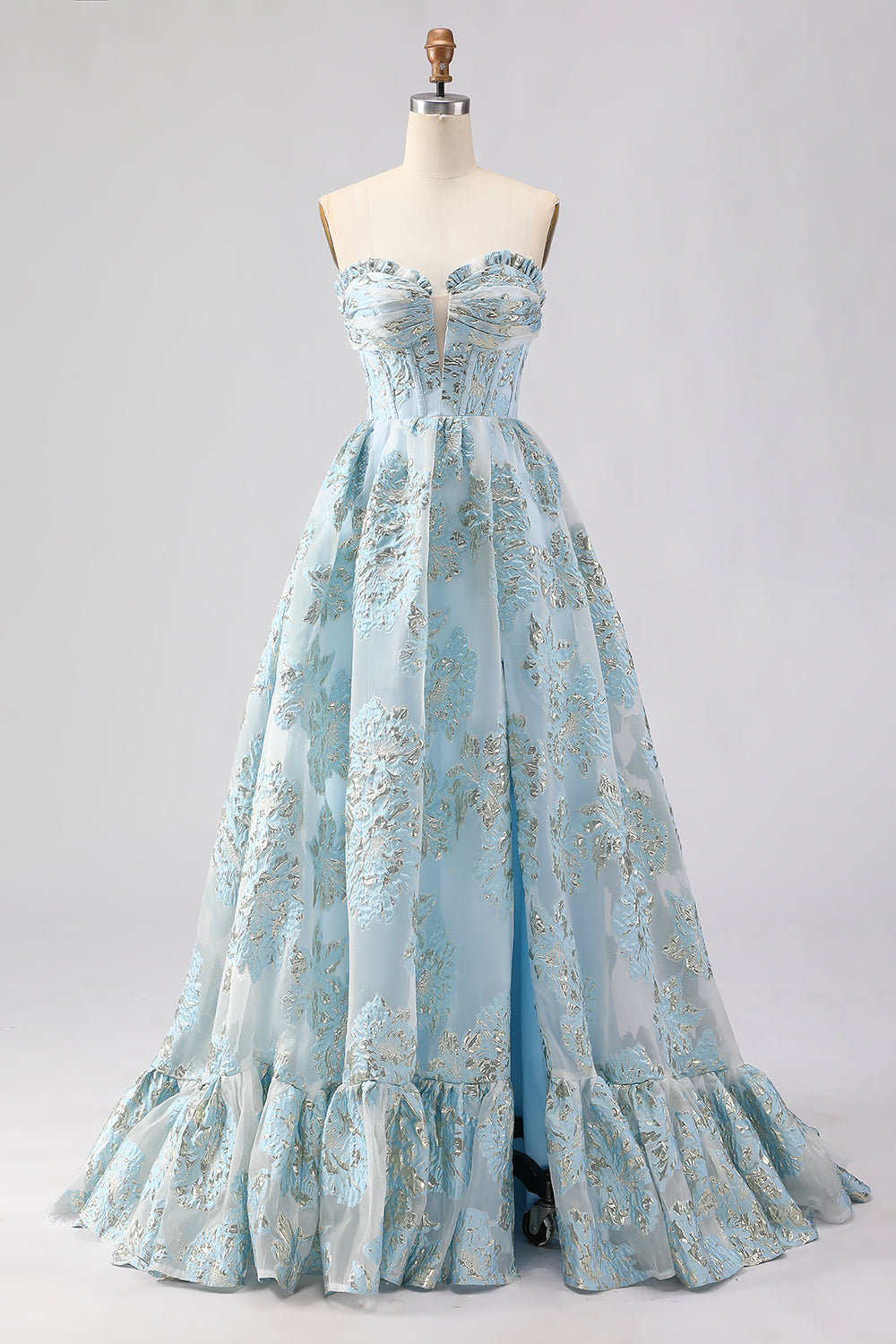 Zapakasa Women Floral Light Blue Ruffled Long Corset Prom Dress with Slit Sweetheart Jacquard A-Line Strapless Pageant Dress Zapakasa Women Floral Light Blue Ruffled Long Corset Prom Dress with Slit Sweetheart Jacquard A-Line Strapless Pageant Dress