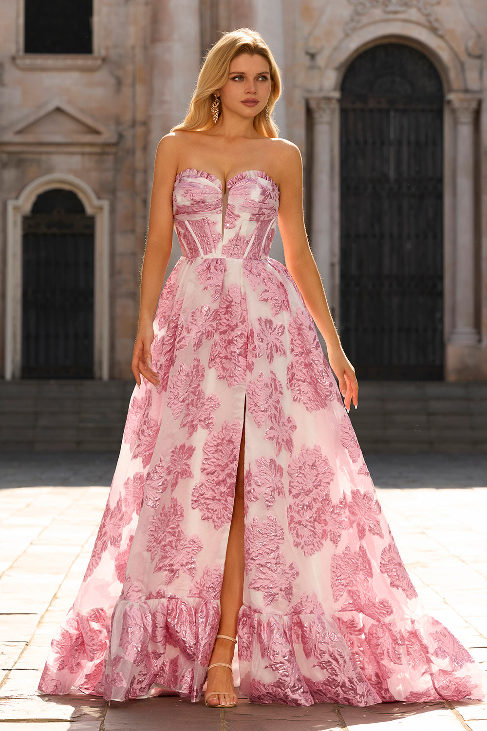Zapakasa Women Sparkly Pink Floral Long Corset Prom Dress with Slit A Line Ruffled Strapless Pageant Dress
