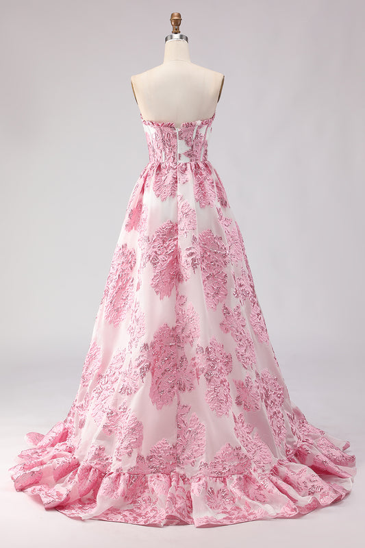 Floral Pink Sweetheart Ruffled A-Line Long Corset Prom Dress with Slit