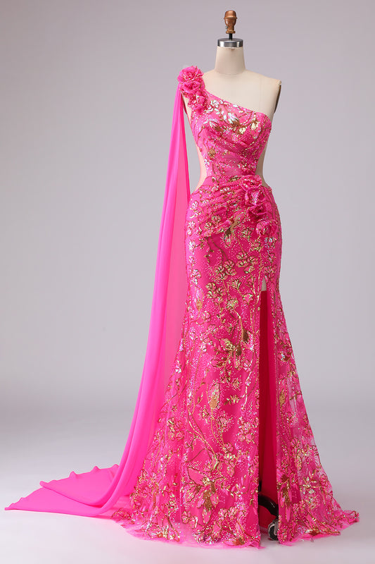 Sparkly Fuchsia Floral One Shoulder Cut Out Mermaid Long Prom Dress with Slit