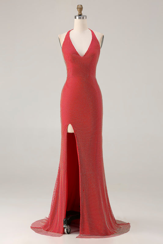 Sparkly Red Mermaid Halter Beaded Long Prom Dress with Slit