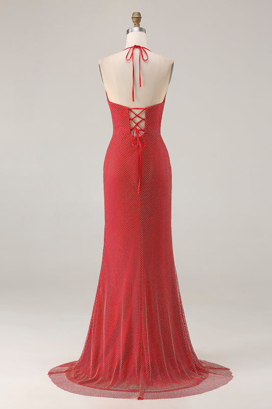 Sparkly Red Mermaid Halter Beaded Long Prom Dress with Slit