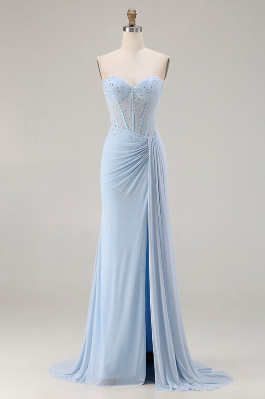 Sparkly Sky Blue Mermaid Beaded Long Corset Prom Dress with Slit