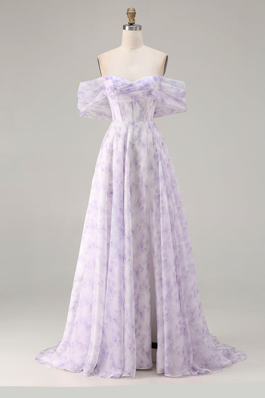 Floral Lilac A Line Off the Shoulder Long Corset Prom Dress with Slit