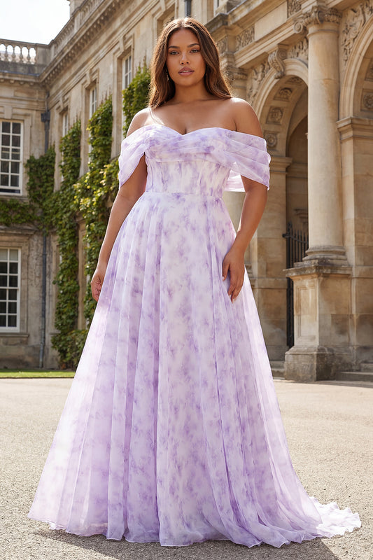 Floral Lilac Plus Size A Line Off the Shoulder Long Corset Prom Dress with Slit