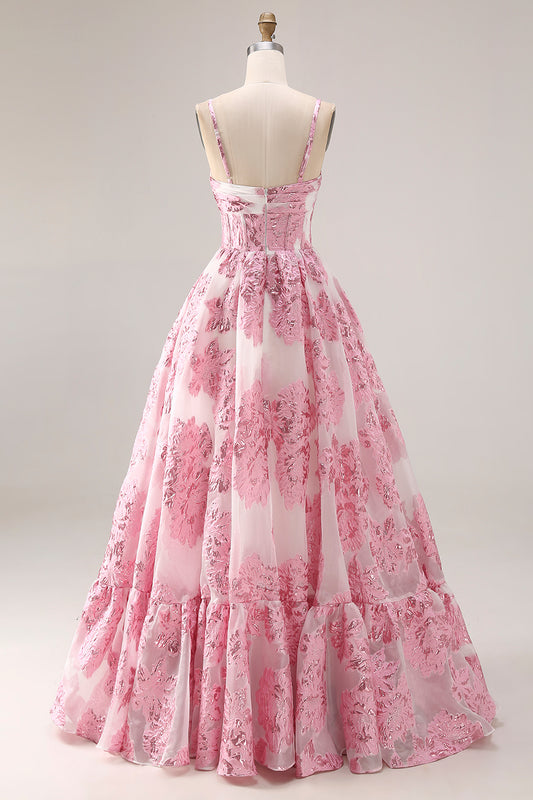 Floral Pink Spaghetti Straps Long Corset Prom Dress with Keyhole
