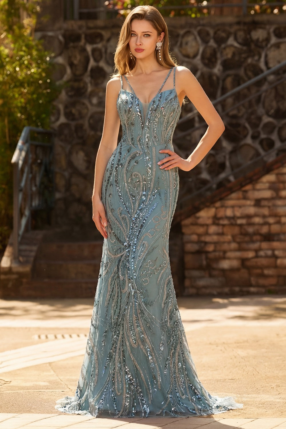 Zapakasa Women Sparkly Grey Blue Beaded Long Prom Dress Mermaid Sequins