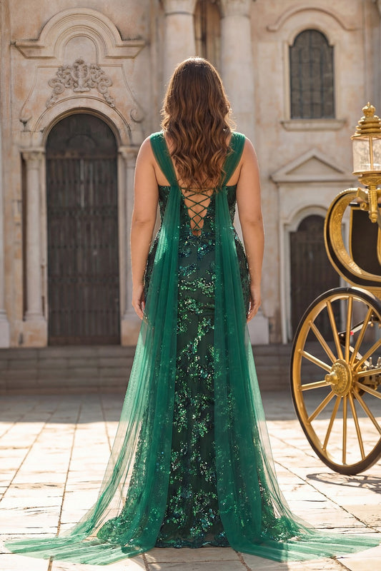 Plus Size Sparkly Floral Dark Green Mermaid Sequins Long Prom Dress with Slit