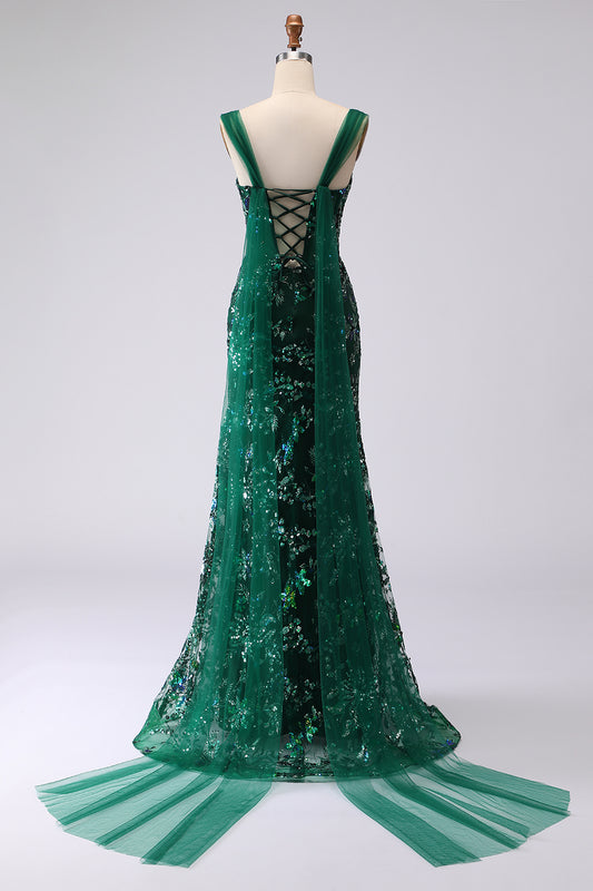 Sparkly Floral Dark Green Mermaid Sequins Long Prom Dress with Slit