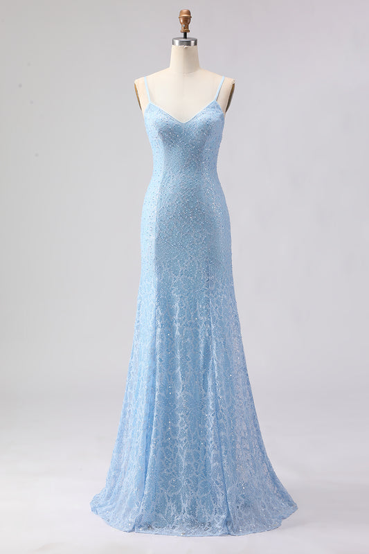 Sparkly Sky Blue Beaded Spaghetti Straps Long Prom Dress