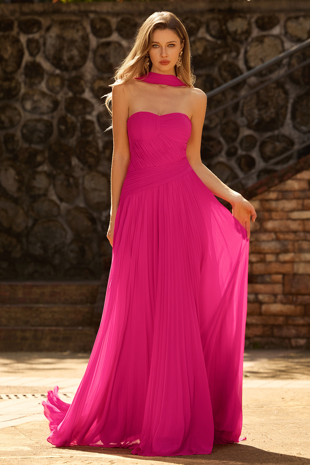 Zapakasa Women Fuchsia Pleated Long Prom Dress Strapless A Line Chiffon Neck Scarf Ruched Wedding Guest Dress Zapakasa Women Fuchsia Pleated Long Prom Dress Strapless A Line Chiffon Neck Scarf Ruched Wedding Guest Dress