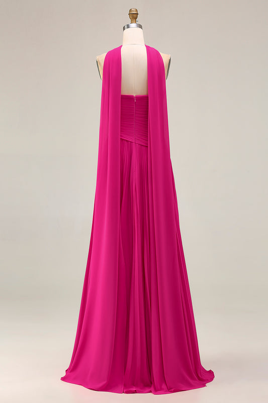 Fuchsia Strapless Pleated Neck Scarf A Line Long Prom Dress