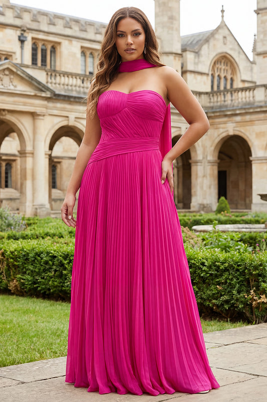 Plus Size Fuchsia Strapless Pleated Neck Scarf A Line Long Prom Dress