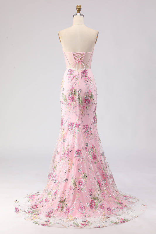 Sparkly Pink Sequins Beaded Mermaid Long Corset Prom Dress with Slit