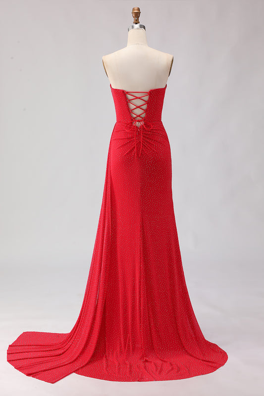 Sparkly Red Sheath Beaded Long Prom Dress with Slit