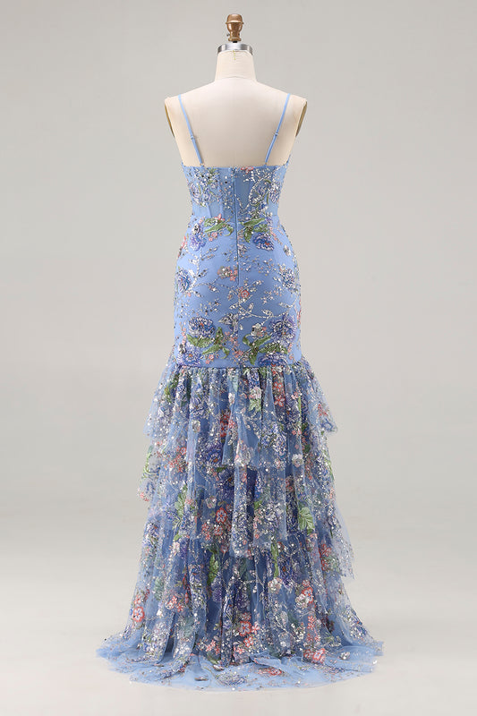Sparkly Floral Blue Ruffled Mermaid Long Corset Prom Dress with Slit
