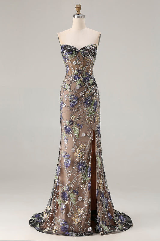 Sparkly Floral Black Beaded Mermaid Long Corset Prom Dress with Slit