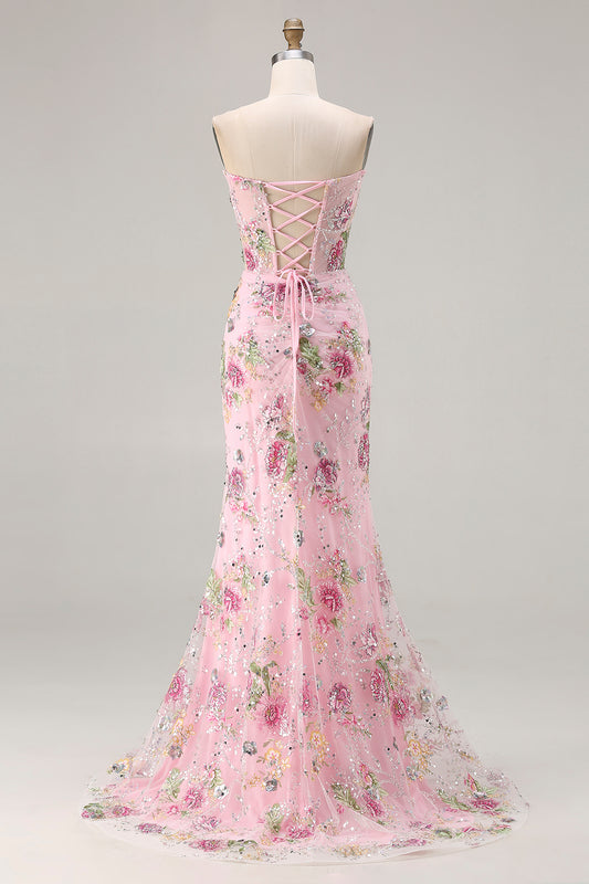 Sparkly Floral Pink Mermaid Beaded Long Corset Prom Dress with Slit