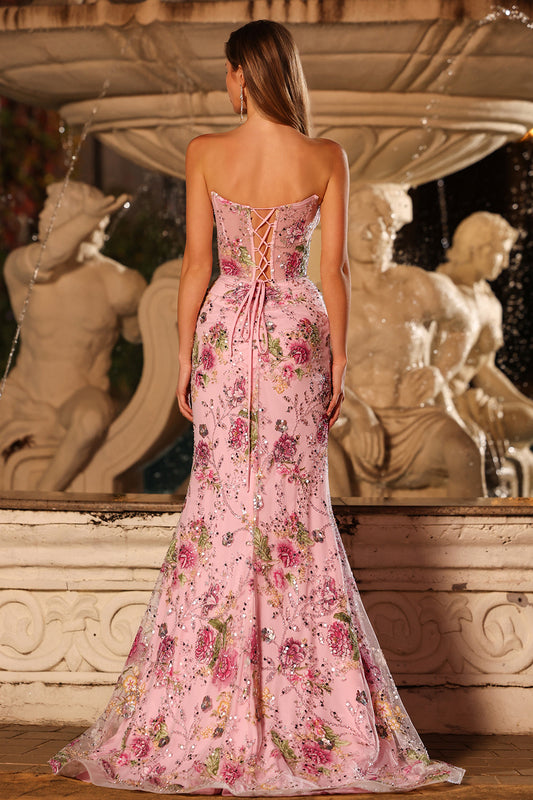 Sparkly Floral Pink Mermaid Ruched Strapless Long Corset Prom Dress with Slit