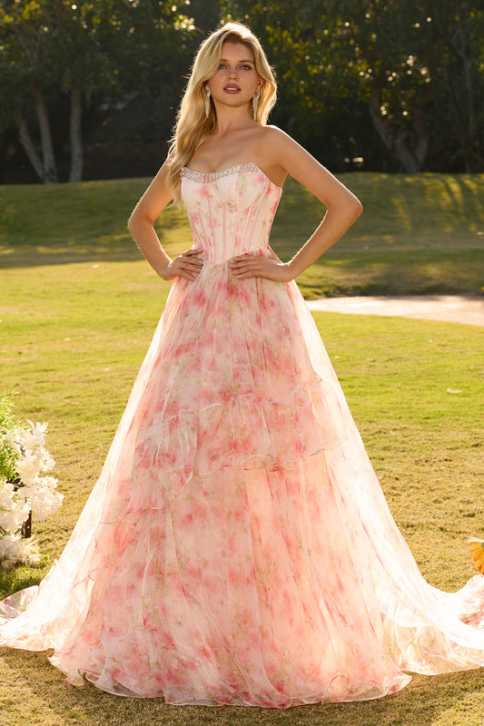 Sparkly Floral Pink A Line Beaded Ruffled Long Corset Prom Dress