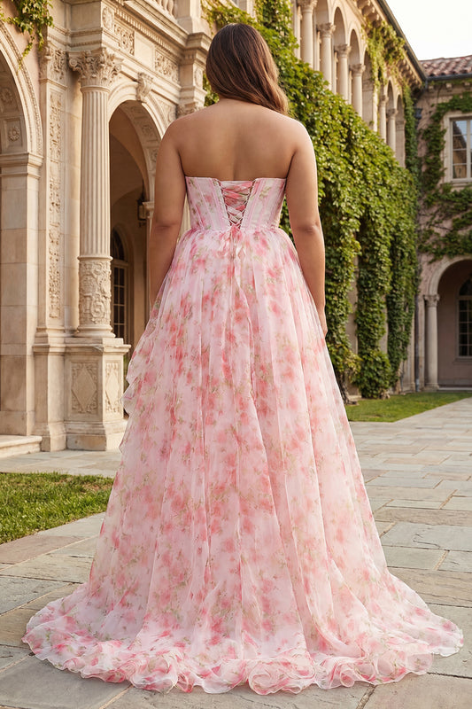 Plus Size Sparkly Floral Pink Beaded A Line Long Corset Prom Dress with Ruffles
