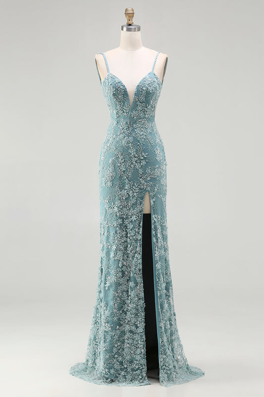 Sparkly Floral Grey Green Long Mermaid Beaded Prom Dress with Slit