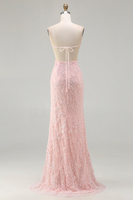 Sparkly Floral Pink Long Mermaid Beaded Prom Dress with Slit