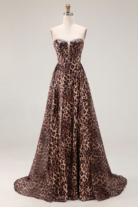 Brown Leopard Print Strapless A Line Long Corset Prom Dress