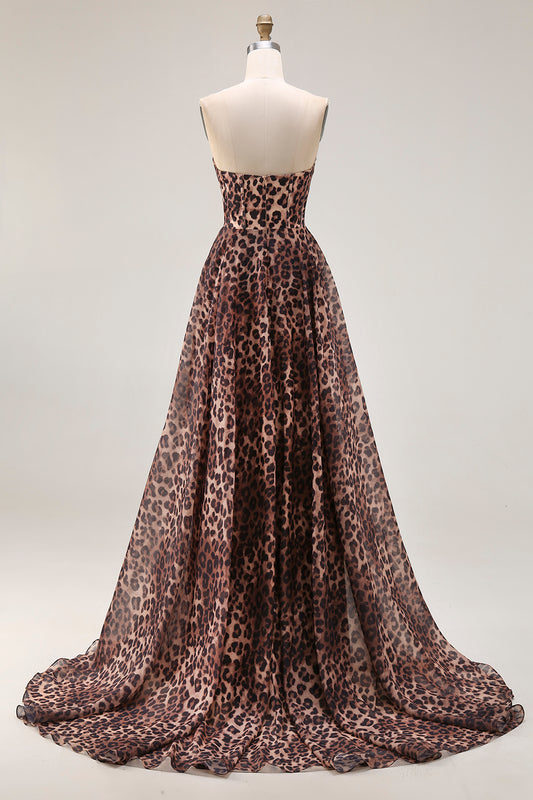 Brown Leopard Print Strapless A Line Long Corset Prom Dress