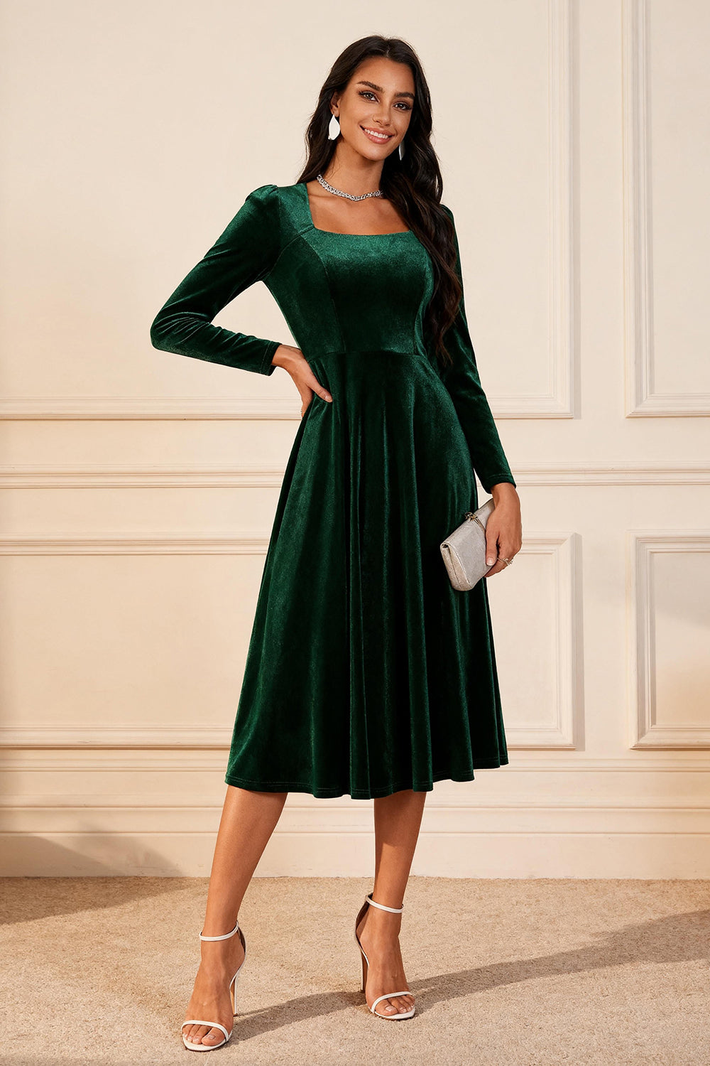 Dark Green A Line Velvet Midi Glitter Holiday Party Dress with Sleeves Dark Green A Line Velvet Midi Glitter Holiday Party Dress with Sleeves