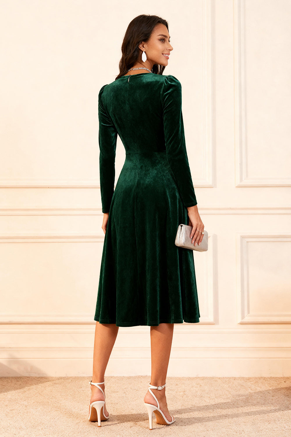 Dark Green A Line Velvet Midi Glitter Holiday Party Dress with Sleeves Dark Green A Line Velvet Midi Glitter Holiday Party Dress with Sleeves
